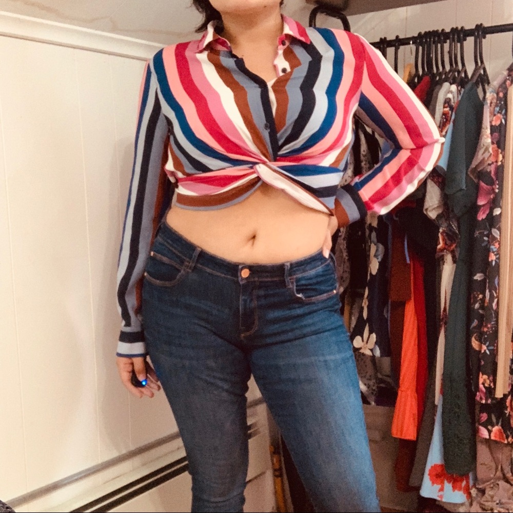 Casual Crop Striped Long Sleeve Blouse Button Up